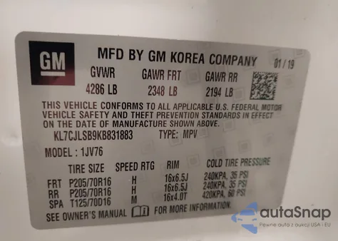 2019 Chevrolet Trax Lt from USA, damaged, VIN KL7CJLSB9KB831883